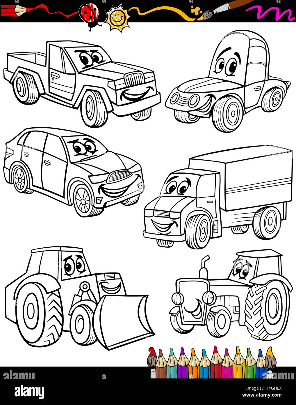 cartoon vehicles set for coloring book Stock Photo - Alamy