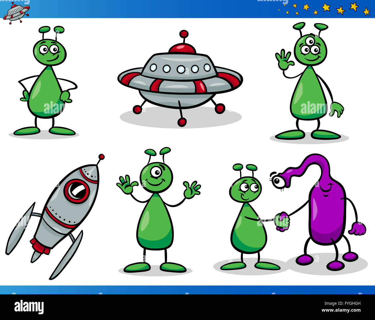 Aliens or Martians Cartoon Characters Set Stock Photo