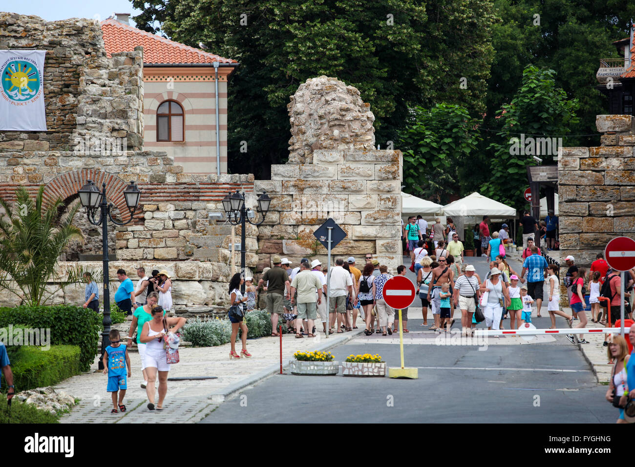 Nesebar, Bulgaria - 06/23/2013: People visit Old Town on June 23, 2013 day of Nessebar, Bulgaria. Nessebar in 1956 was declared Stock Photo