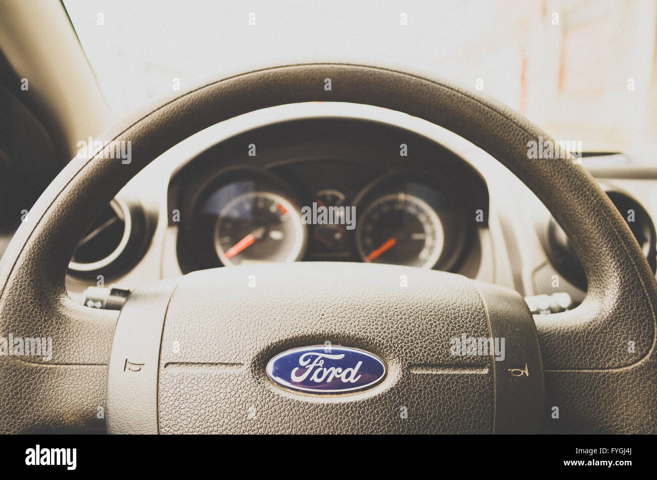 Ford Fiesta's car steering wheel, driver's vew Stock Photo Alamy