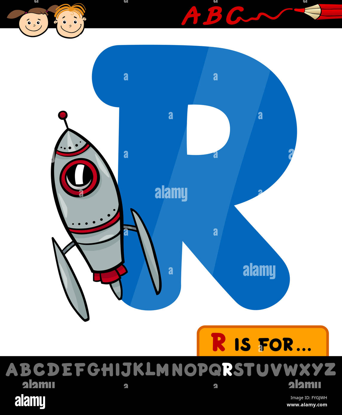 letter r with rocket cartoon illustration Stock Photo - Alamy