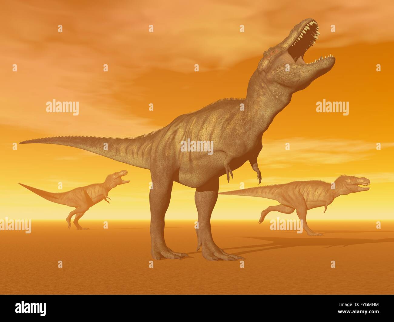 Tyrannosaurus dinosaurs in the desert - 3D render Stock Photo