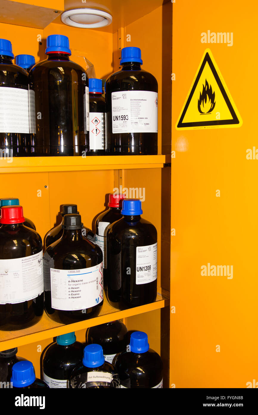 Flammable Chemicals in Protection Cabinet Stock Photo