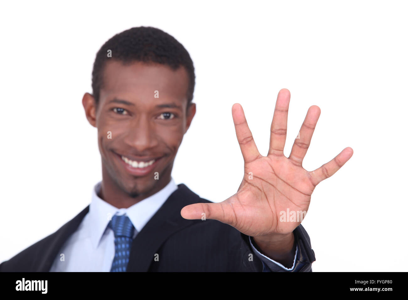 One hand. Hand showing five fingers. A welcome gesture. Stopping gesture.  stop character. Opened palm of the hand. Painted hand. Contour arm.  Illustration of five fingers. Stock Illustration