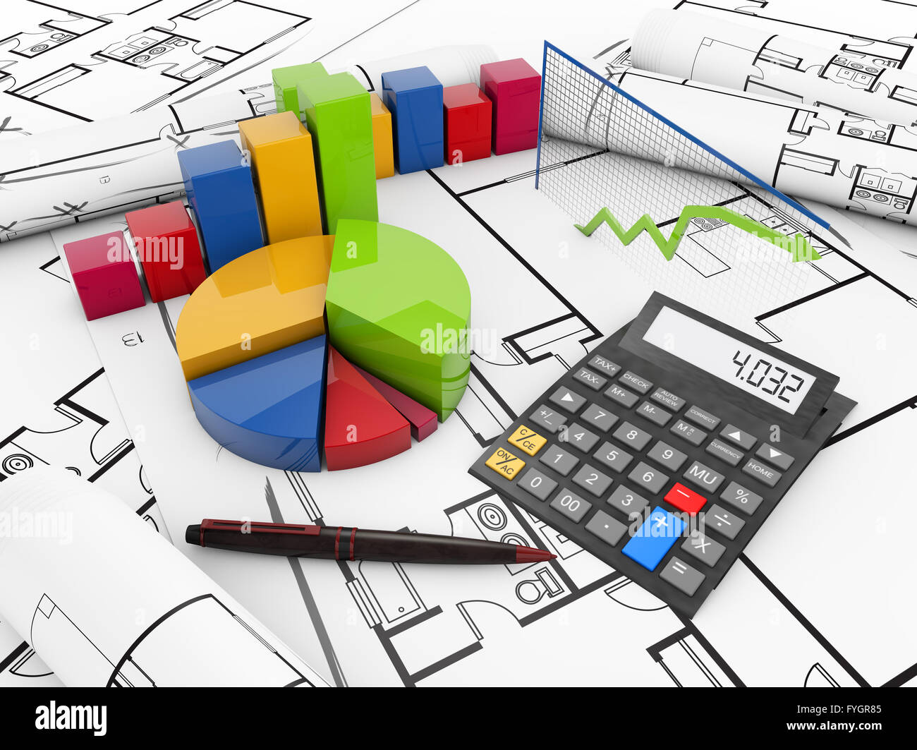 calculator and colorful graphics over plots Stock Photo
