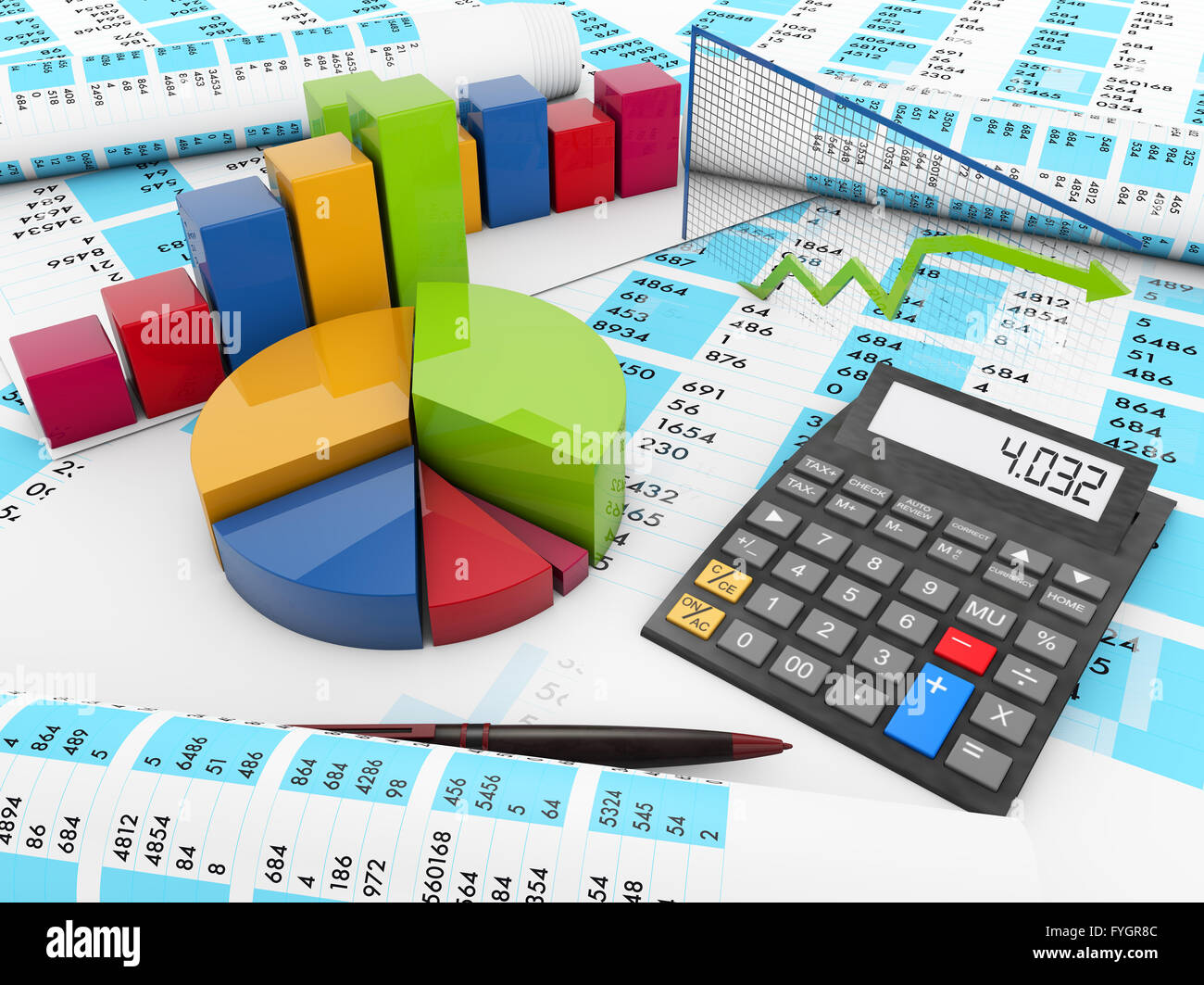 business concept: render of graphics and a calculator over balance accounts Stock Photo