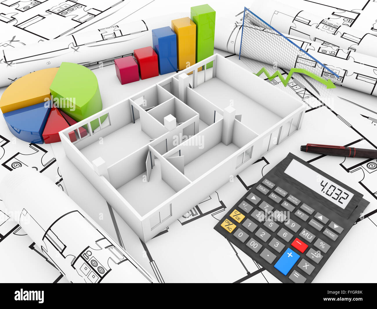 reform financial concept: empty appartment with calculator and graphics over some plots Stock Photo