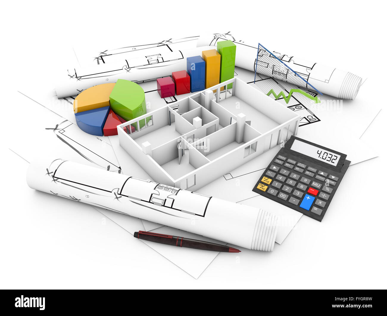 house rehabilitation costs concept: empty house with calculator and graphics over plots isolated on white background Stock Photo