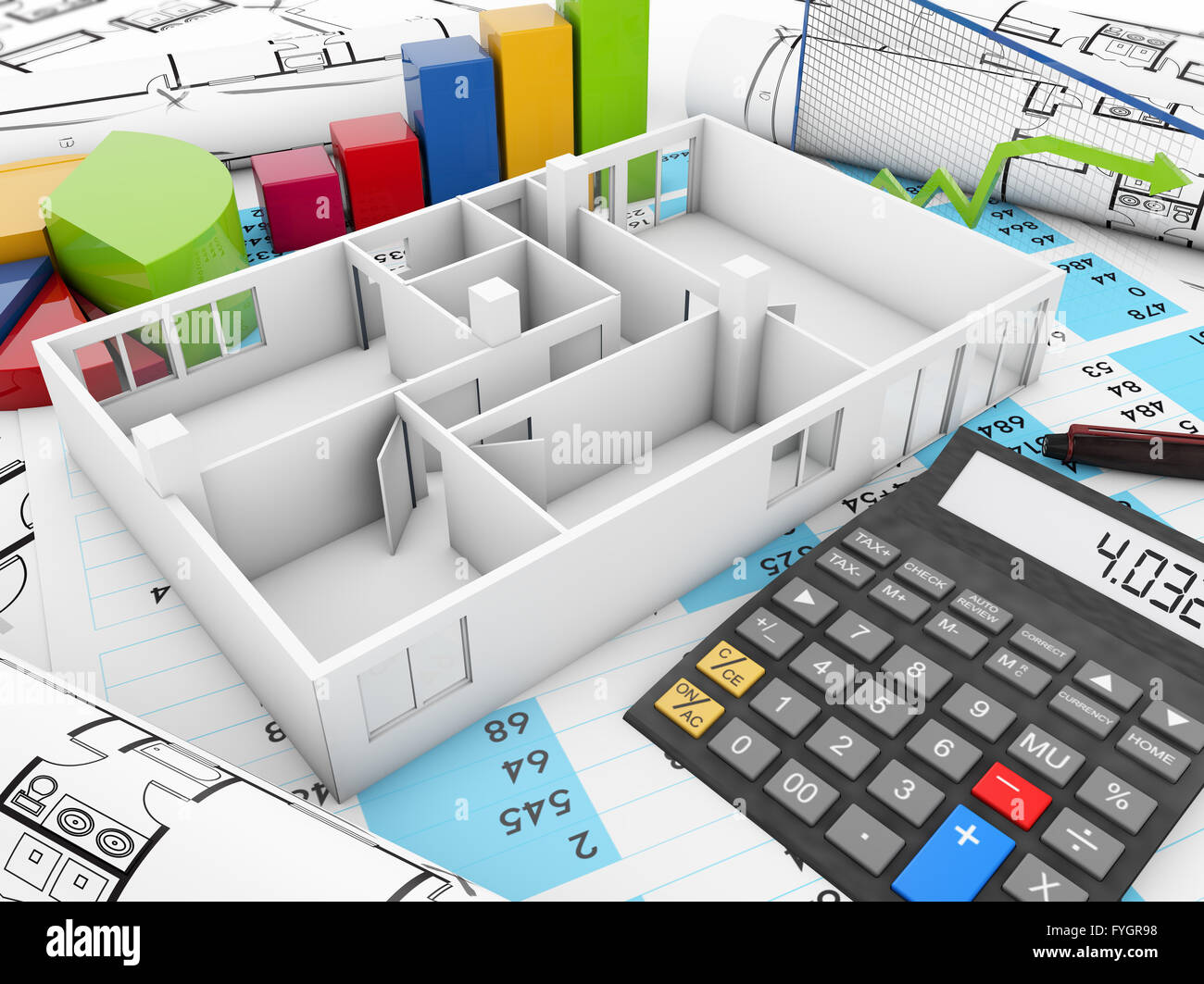structure costs concept: house structure with calculator and graphics over plots and balancing accounts Stock Photo