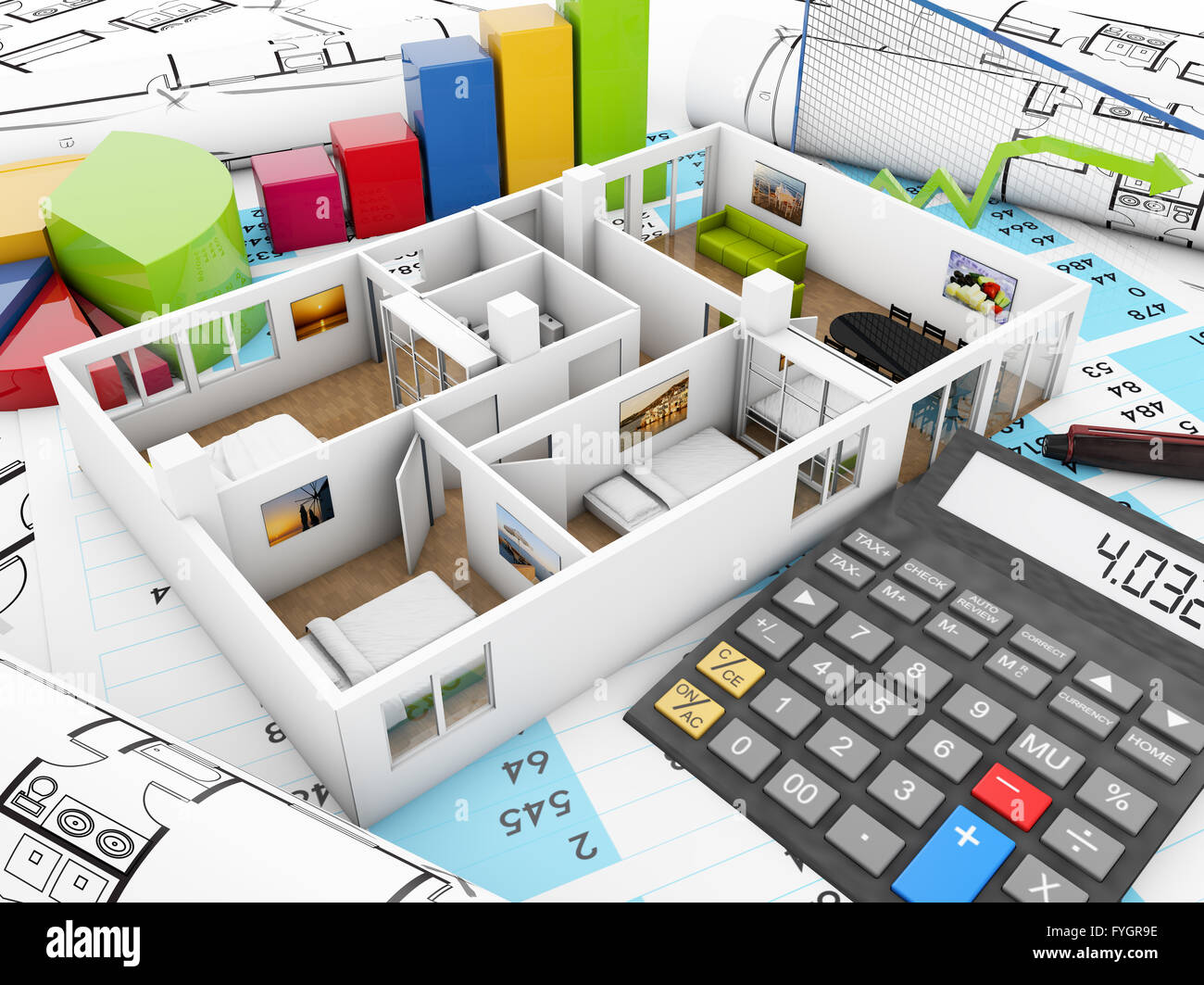 reform accounting concept: house structure, graphics and calculator over accounting documents and plots Stock Photo