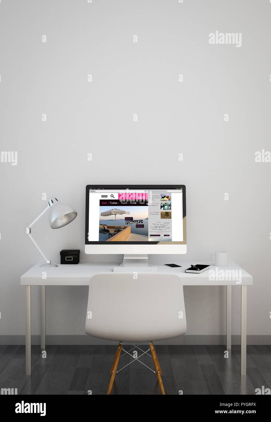 clean workspace with trends blog on screen.  all screen graphics are made up. 3d illustration. Stock Photo