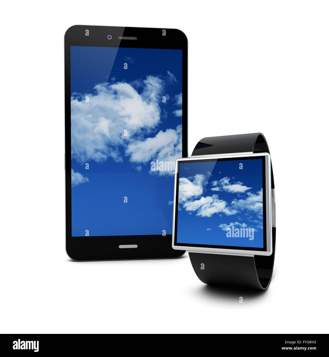 Mobile connectivity concept: smart watch and touchscreen smartphone with sky on the screen isolated on white background Stock Photo