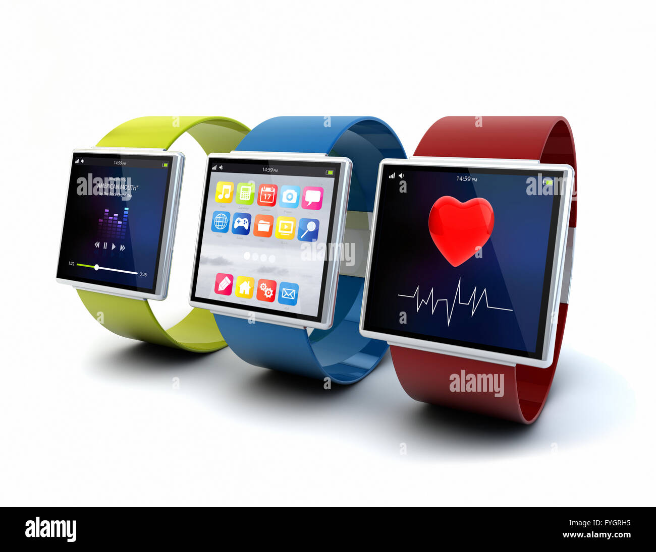 wearable device technology concept: collection of color digital smart watches with apps on the screen isolated on white backgrou Stock Photo