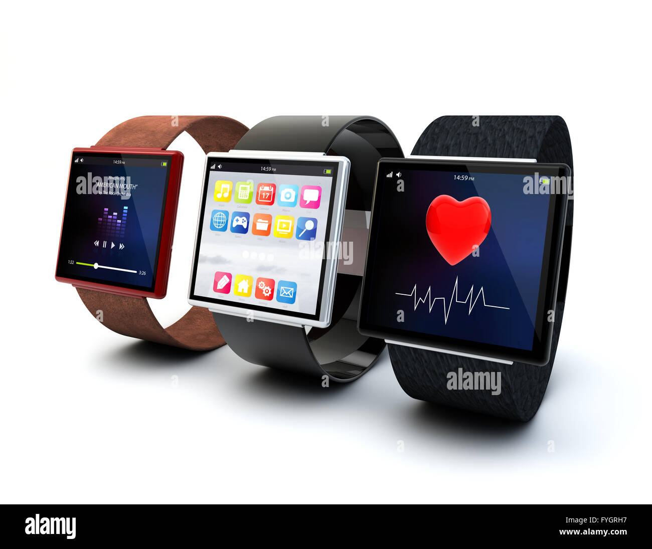 Creative business mobility and modern mobile wearable device technology concept: collection of color digital smart watches with Stock Photo
