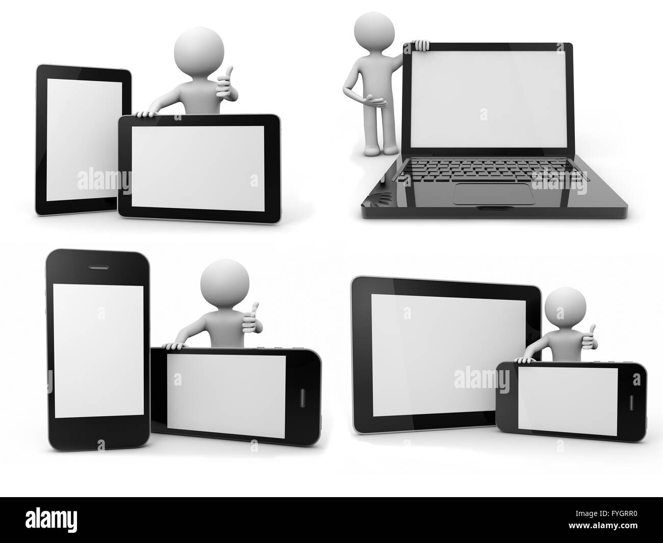 collage of renders with white ballhead character showing different devices Stock Photo