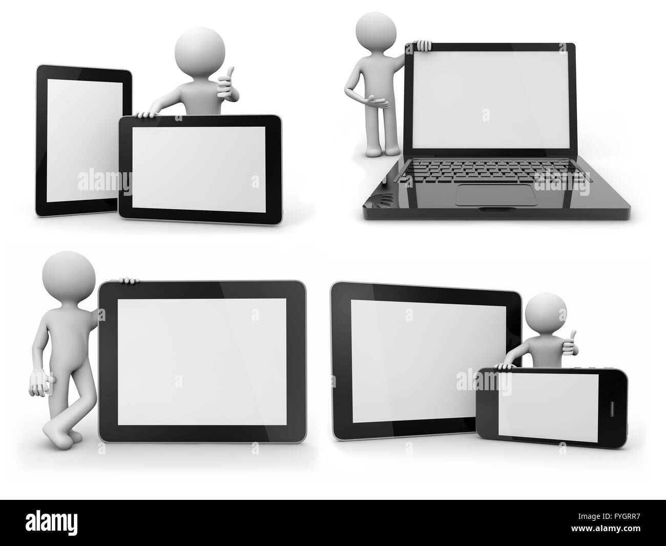 collage of renders with white ballhead character showing different devices Stock Photo