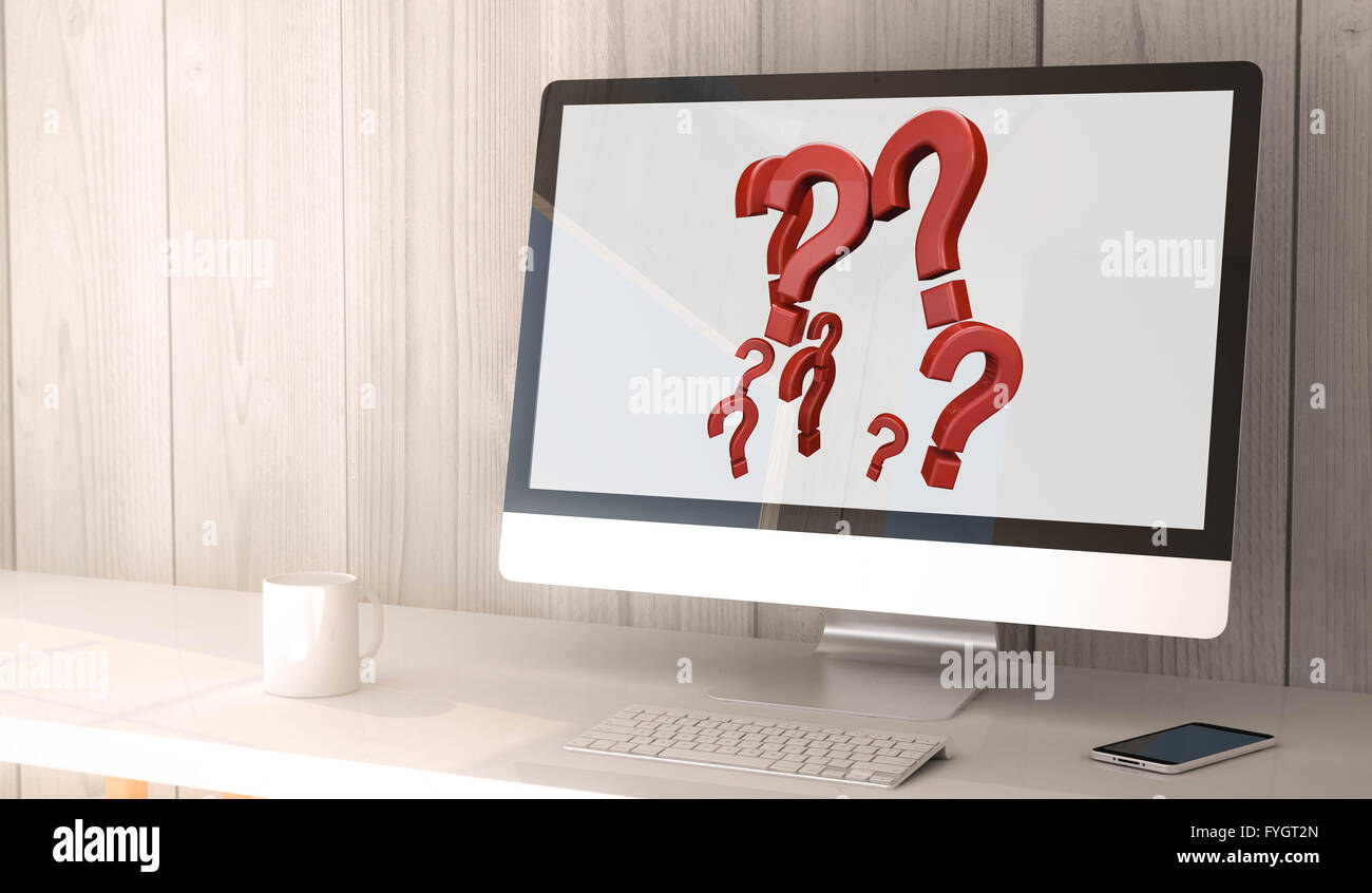 digital render generated workspace with question marks on the screen of