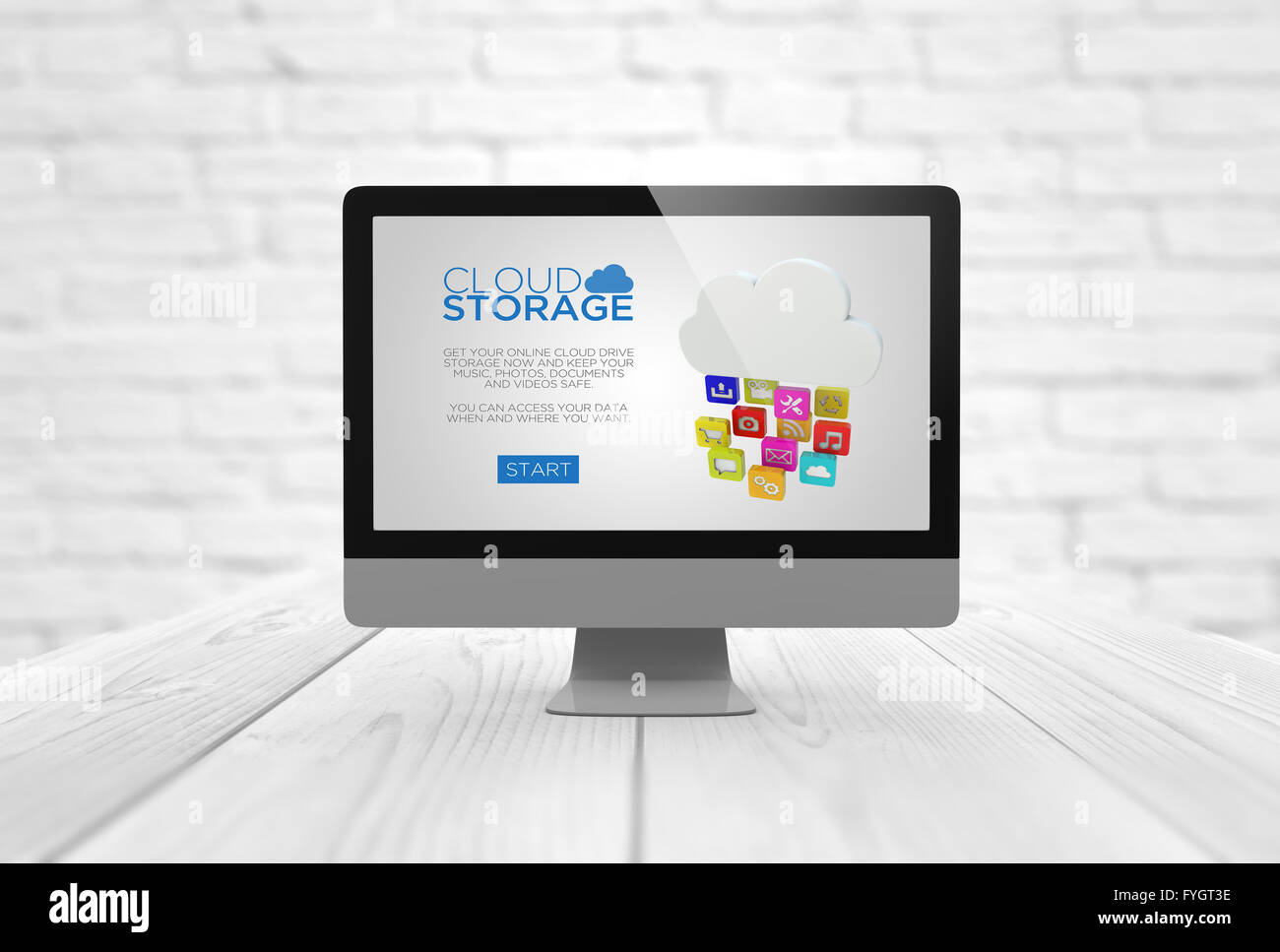 storage concept: computer digital generated with cloud storage on the screen. All screen graphics are made up. Stock Photo