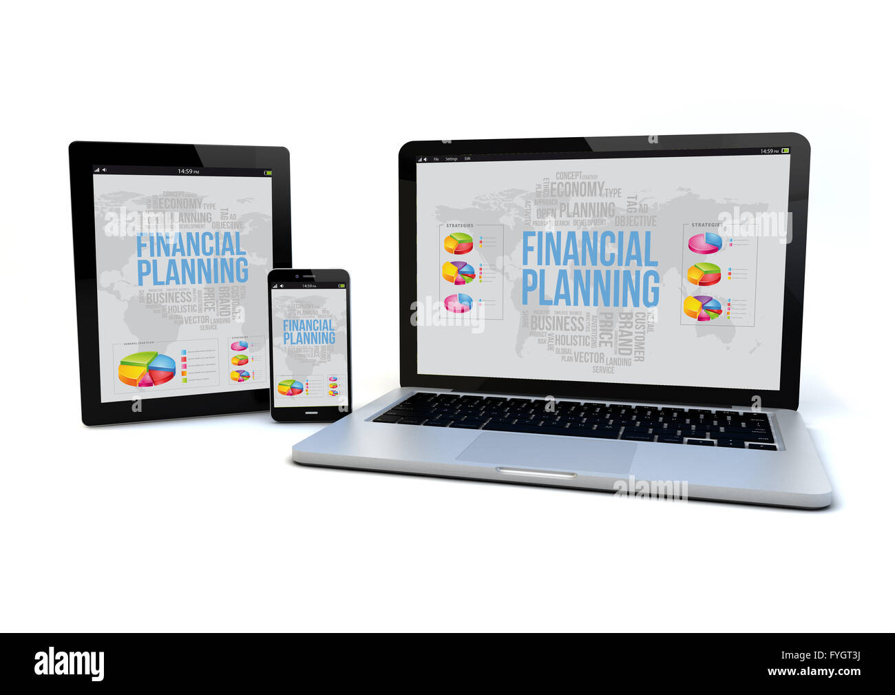 render of an smartphone, a tablet pc and a computer with responsive financial planning on the screen Stock Photo