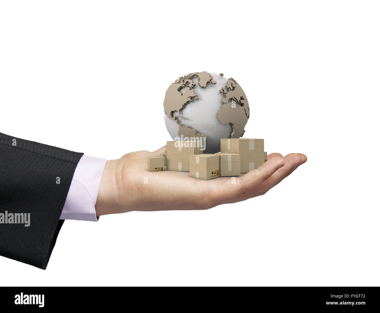global deliver concept: 3D rendering of the Earth and cardboard boxes over a businessman hand Stock Photo
