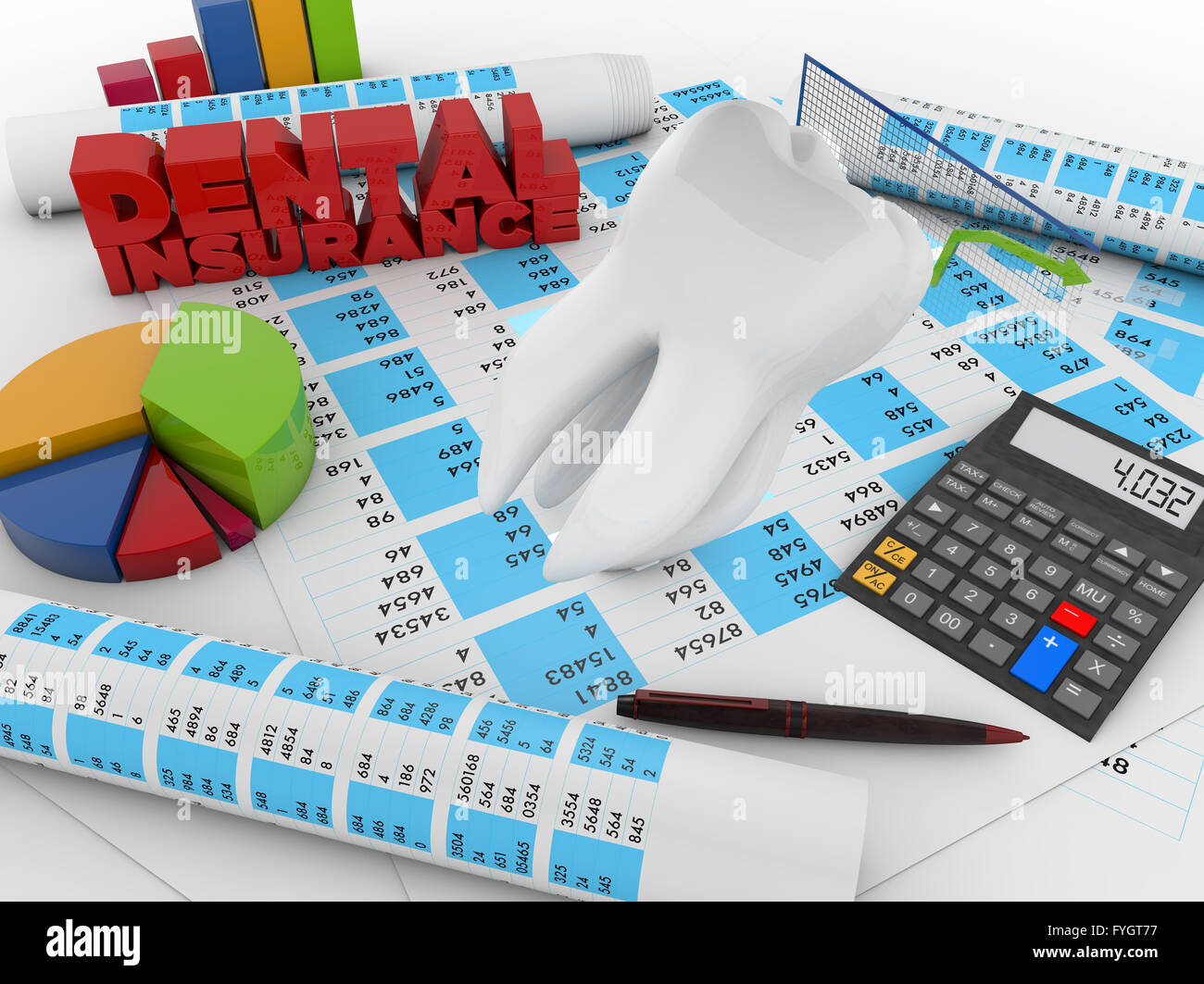 dental insurance accounting concept: tooth over financial stuff Stock Photo