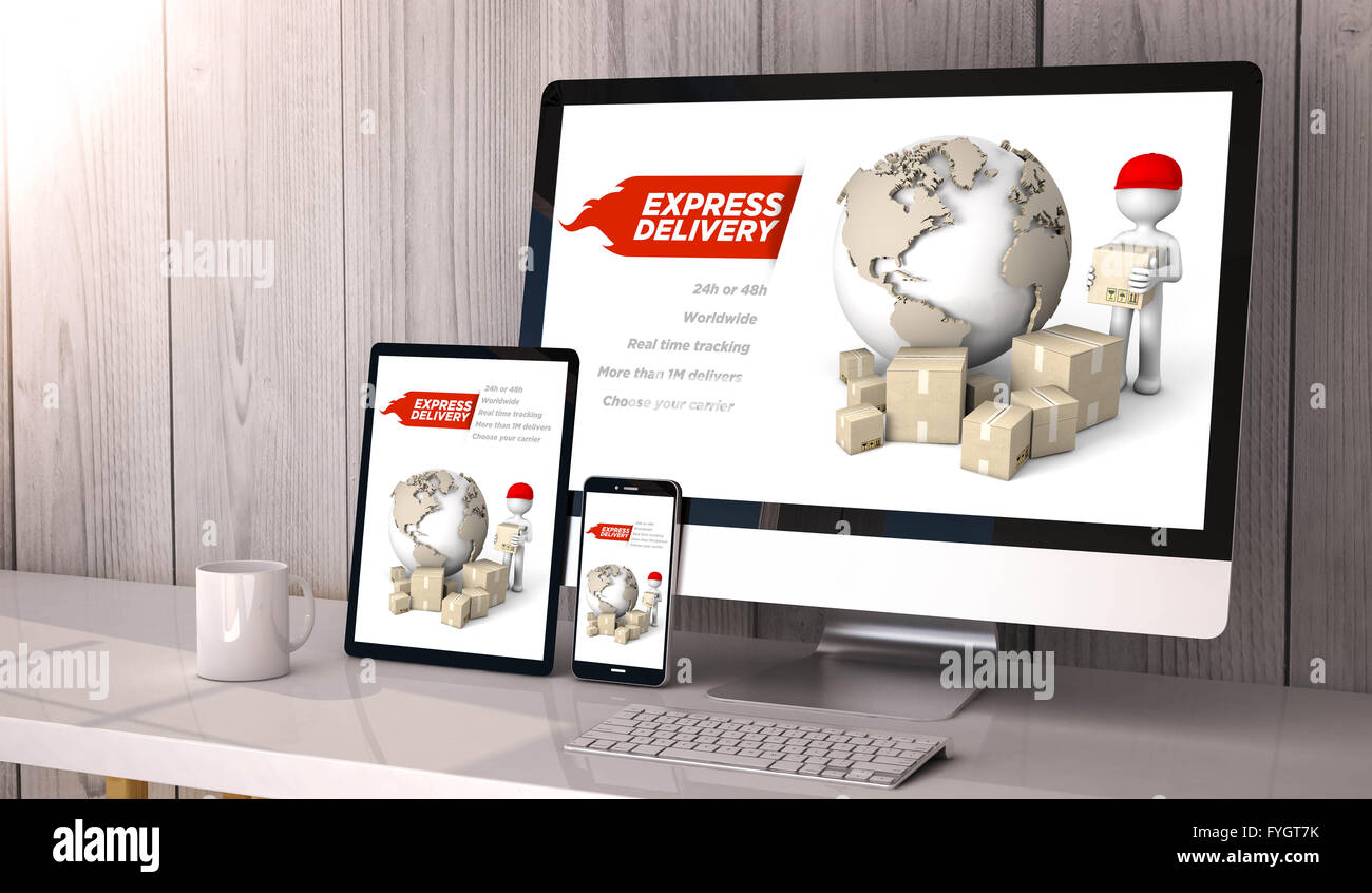 Digital generated devices on desktop, responsive  mock-up with express delivery website  on screen. All screen graphics are made Stock Photo