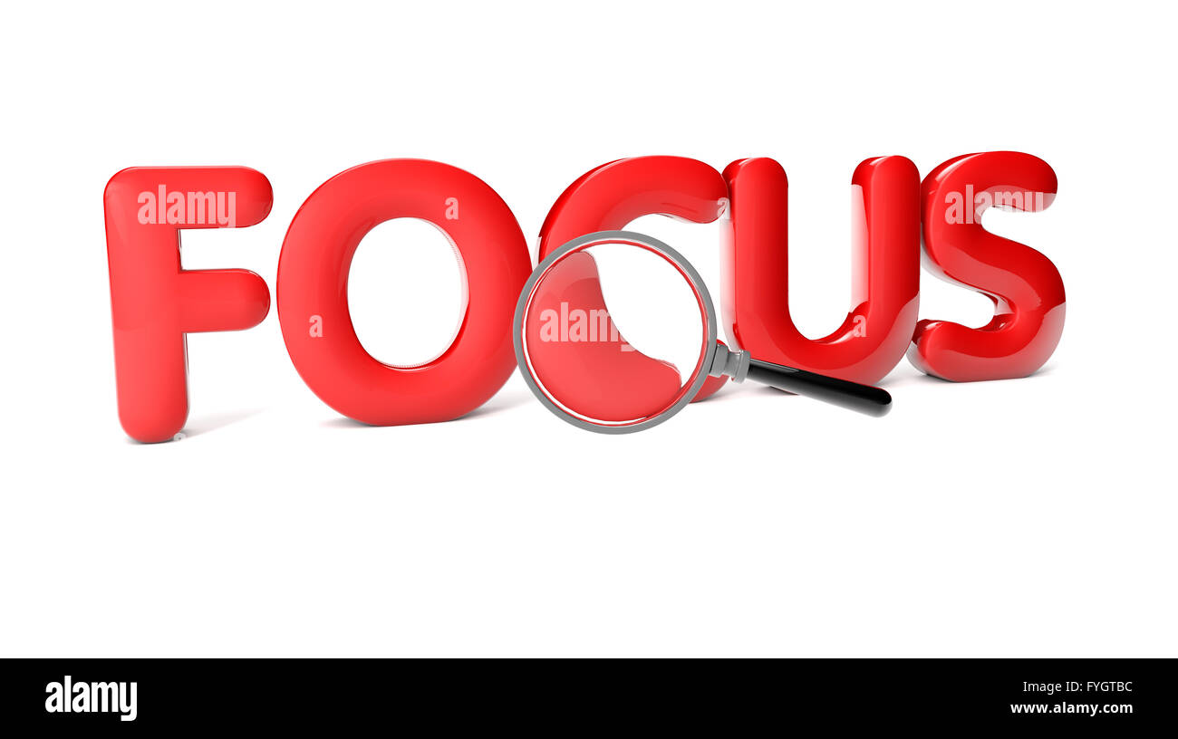 focus text with magnifiyng glass isolated on white background Stock Photo