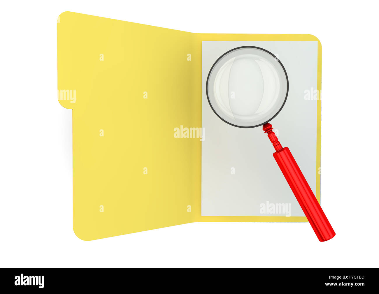 render of an open folder with a magnifying glass Stock Photo