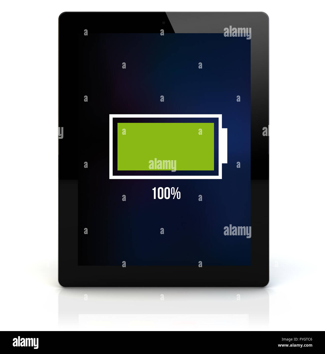 energy concept: render of a tablet pc with full battery on the screen. Screen graphics are made up. Stock Photo