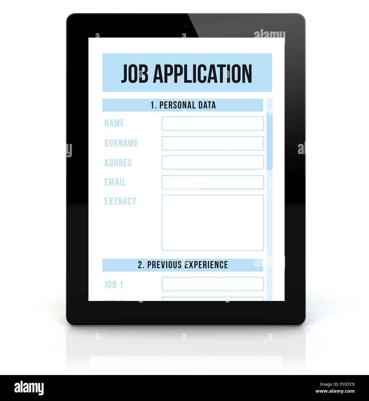 job application concept: render of a tablet pc with rjob application on the screen Stock Photo