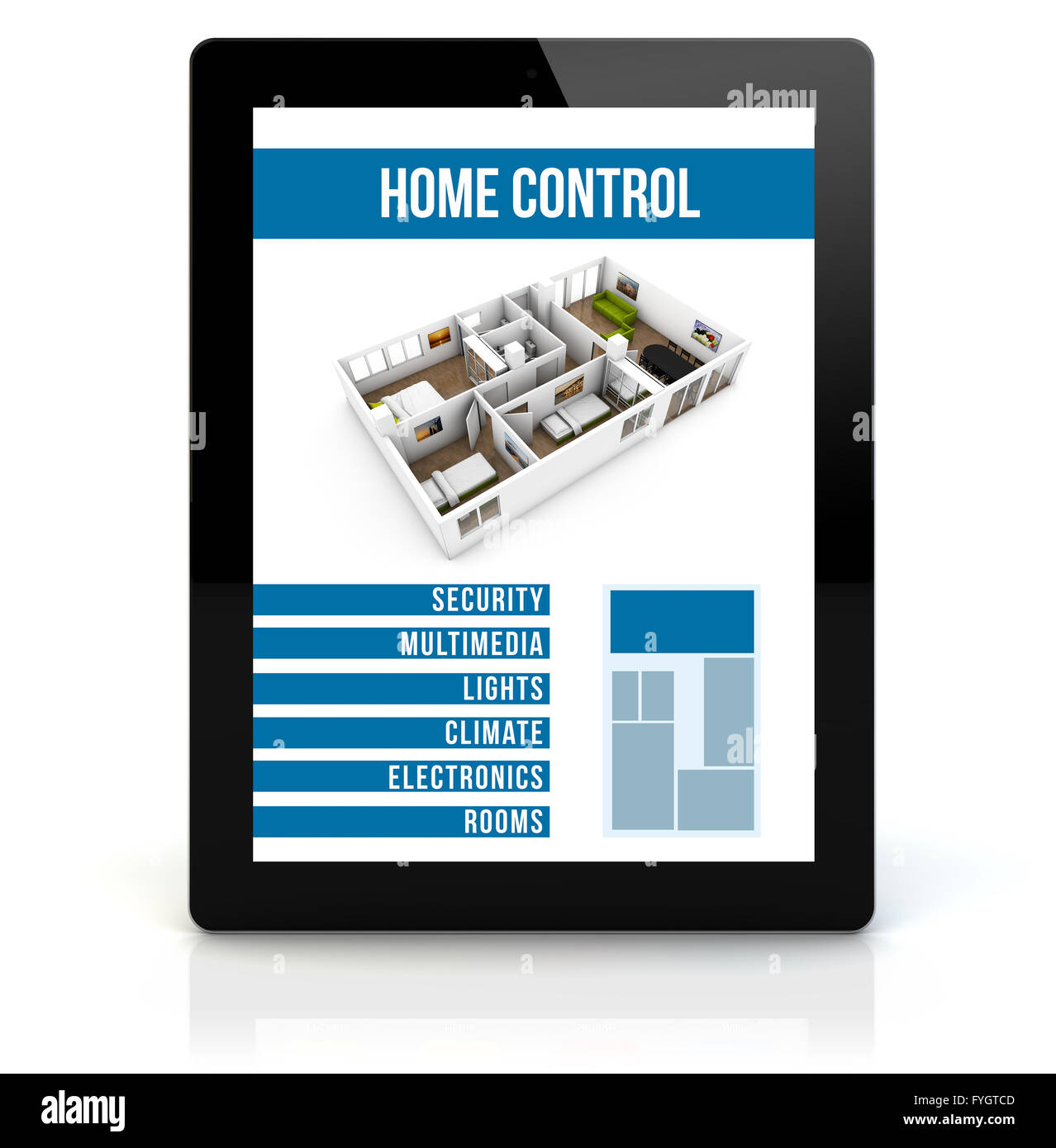 smart house concept: render of a tablet pc with remote home control app on the screen Stock Photo