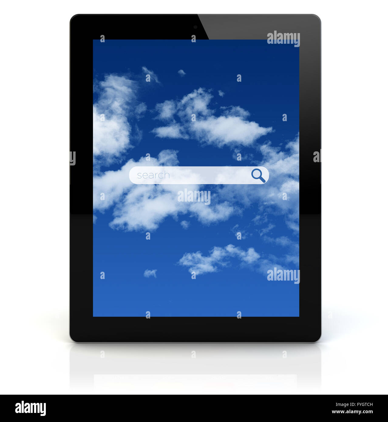 search online application concept: render of a tablet pc with search application on the screen Stock Photo