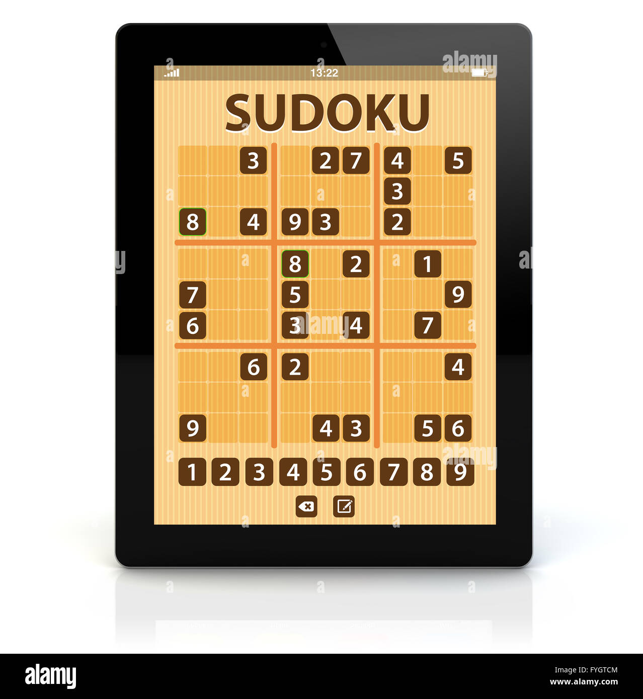 game application concept: render of a tablet pc with sudoku application on the screen Stock Photo