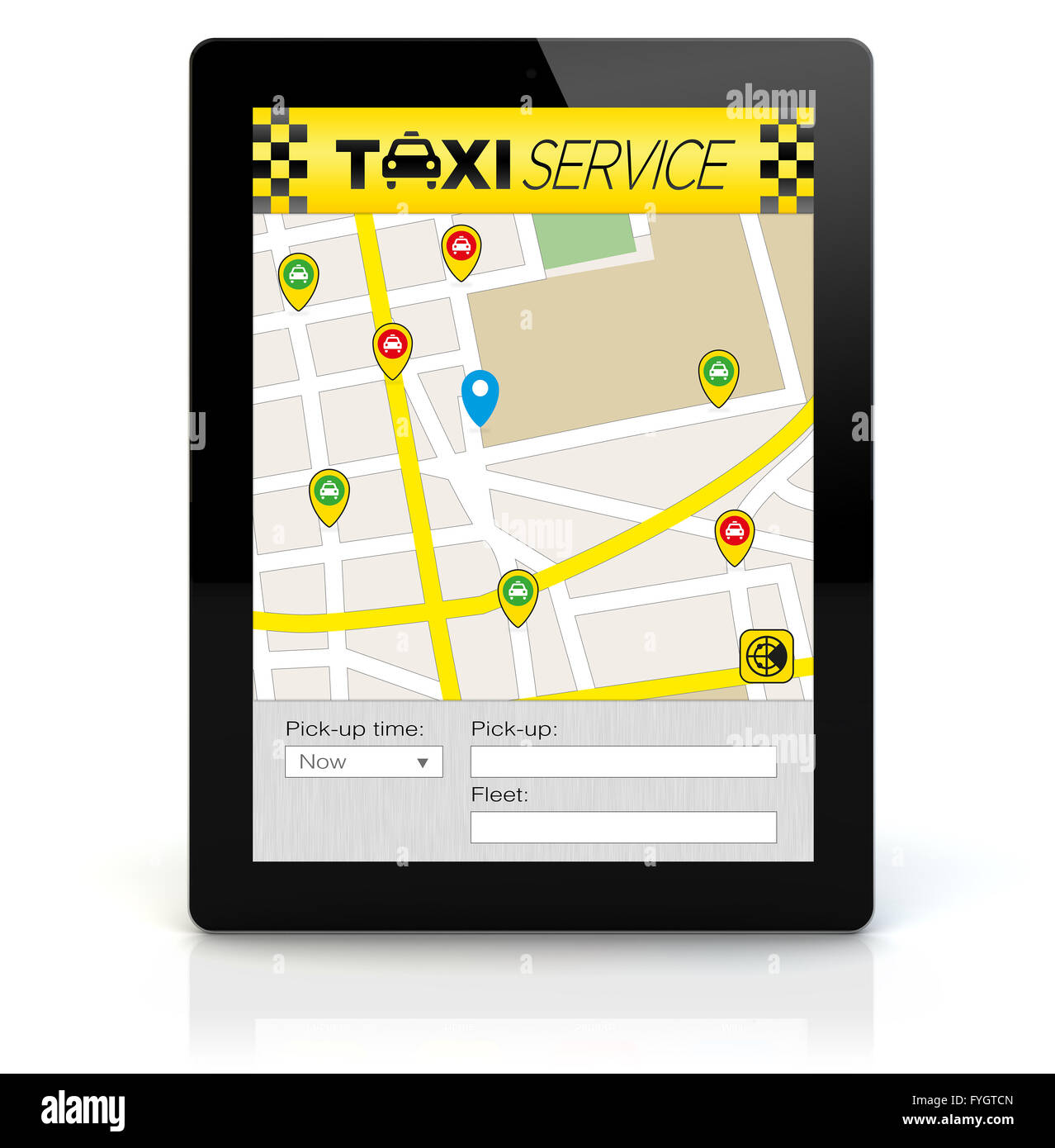 Render of a tablet pc with taxi app on the screen. All graphics are made up Stock Photo