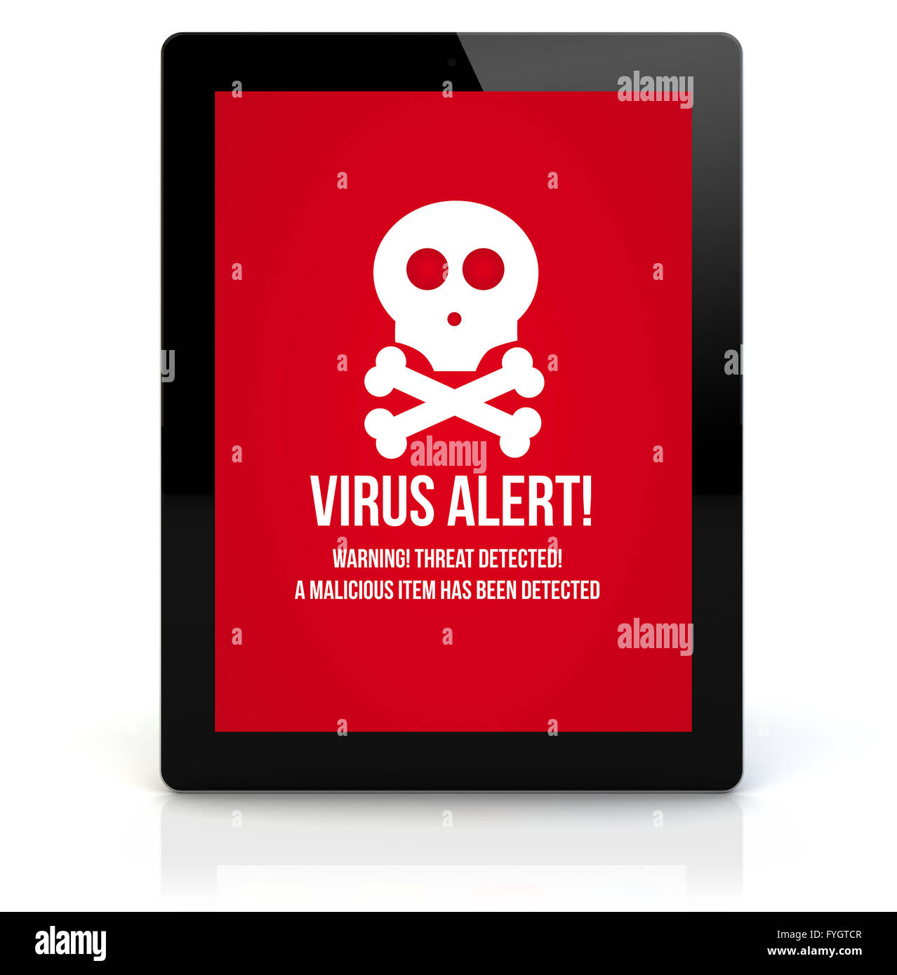 online security concept: render of a tablet pc with virus on the screen. Screen graphics are made up. Stock Photo