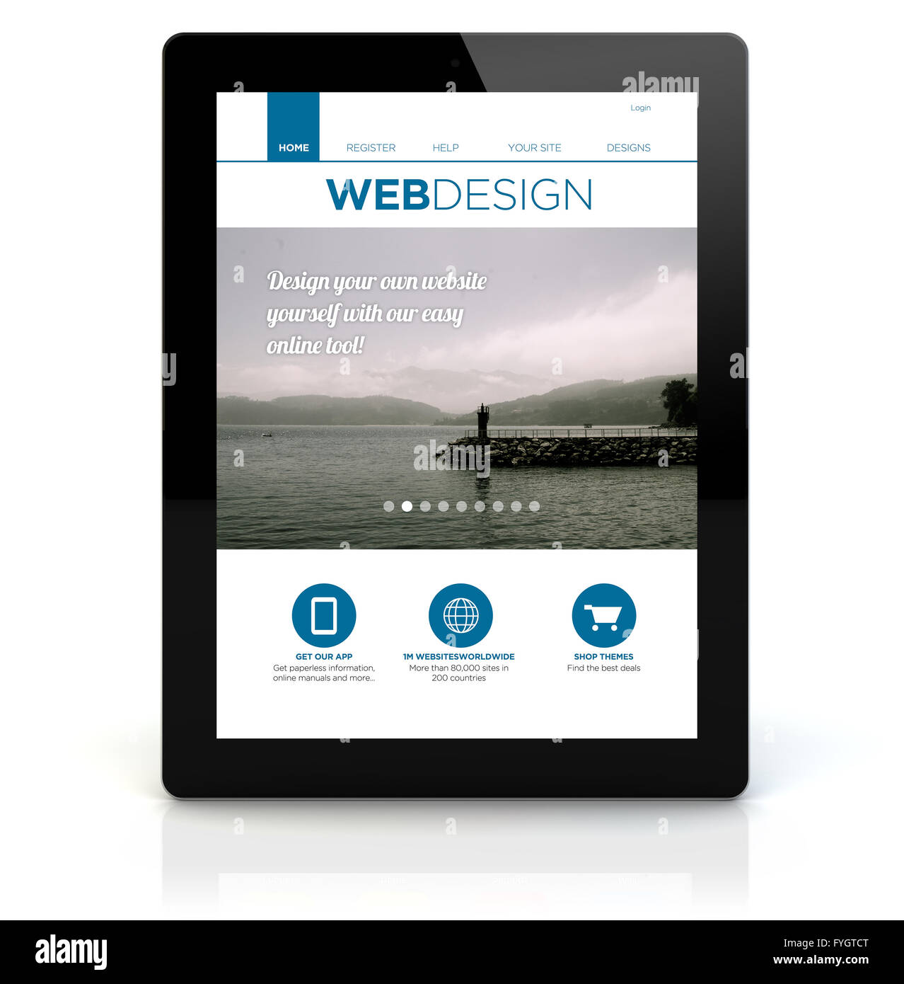 webdesign concept: render of a tablet pc with webdesign on the screen. Screen graphics are made up. Stock Photo