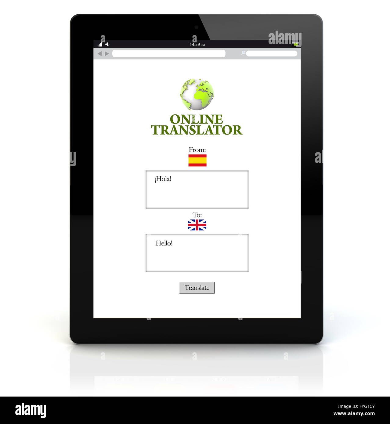 online translation concept: render of a tablet pc with translator app on the screen. Screen graphics are made up. Stock Photo