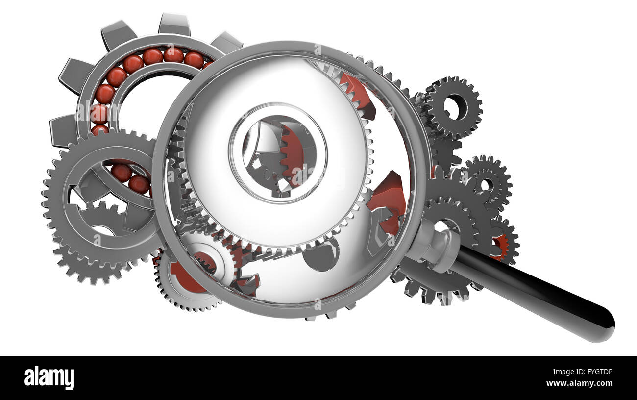render of a magnifying glass over a gears Stock Photo - Alamy