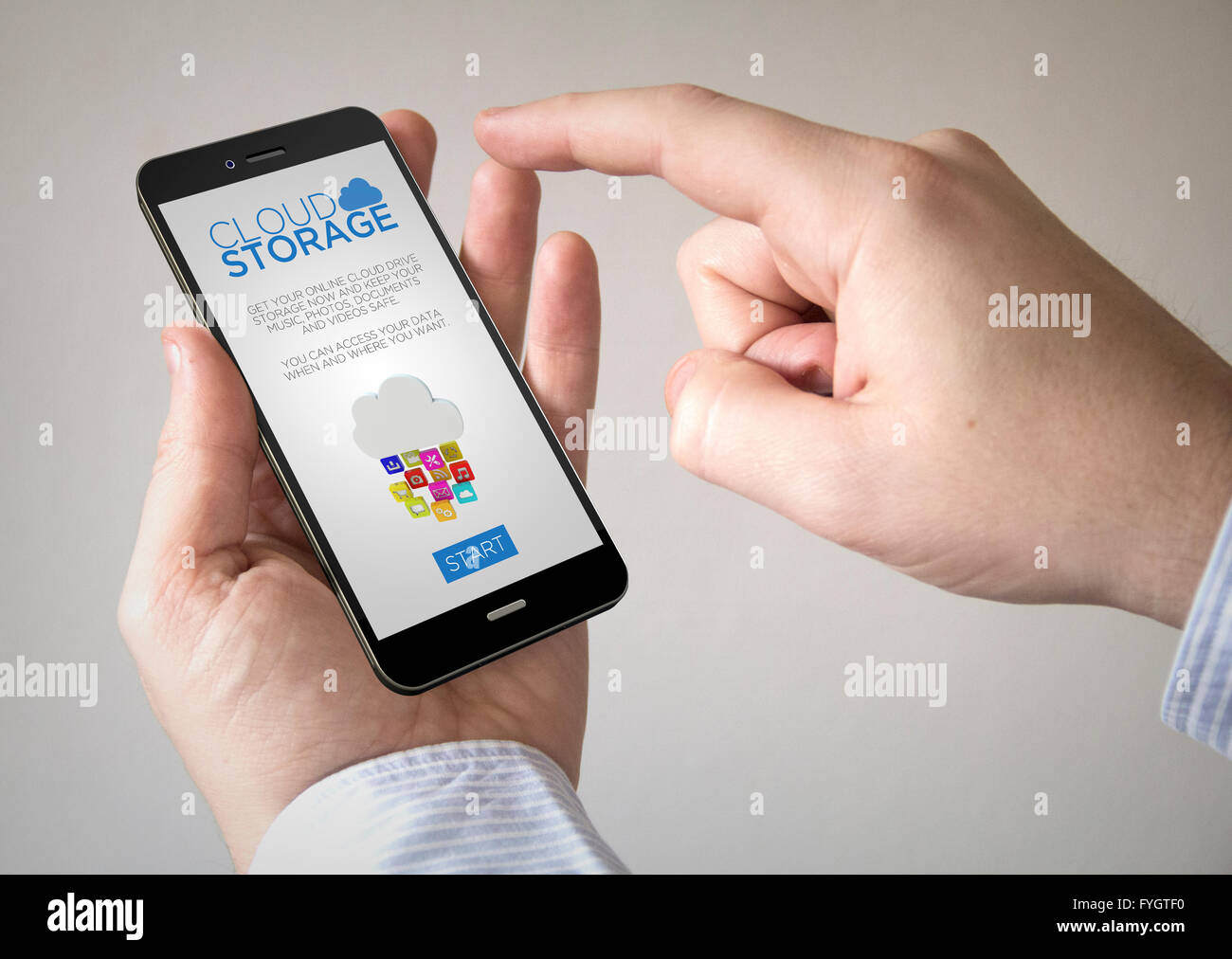 Close up of man using 3d generated mobile smart phone with cloud ...