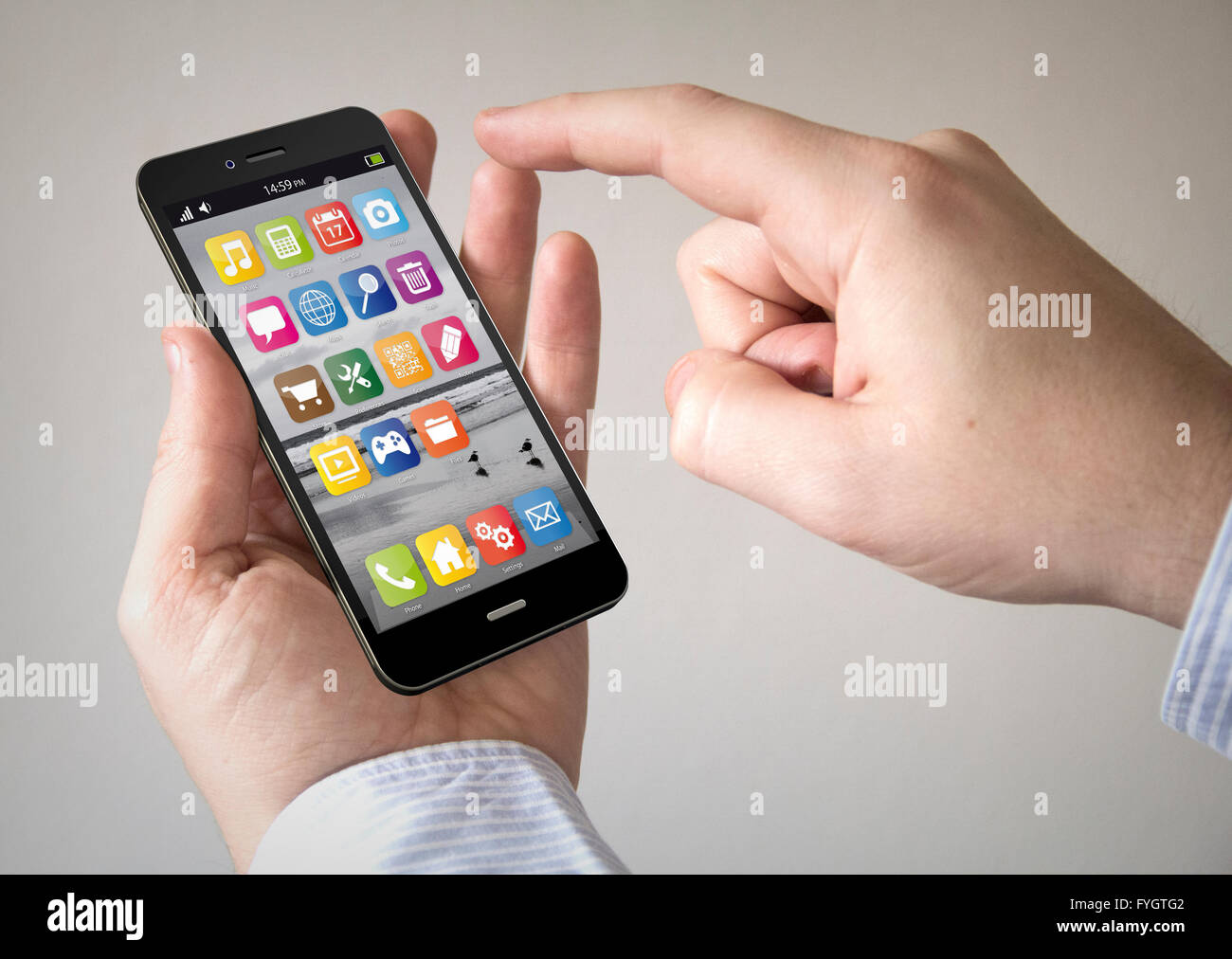 Close up of man using mobile smart phone with modern operating system ...