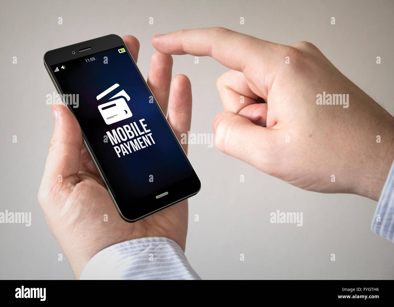 Close up of man using 3d generated mobile smart phone with mobile payment on the screen. Screen graphics are made up. Stock Photo