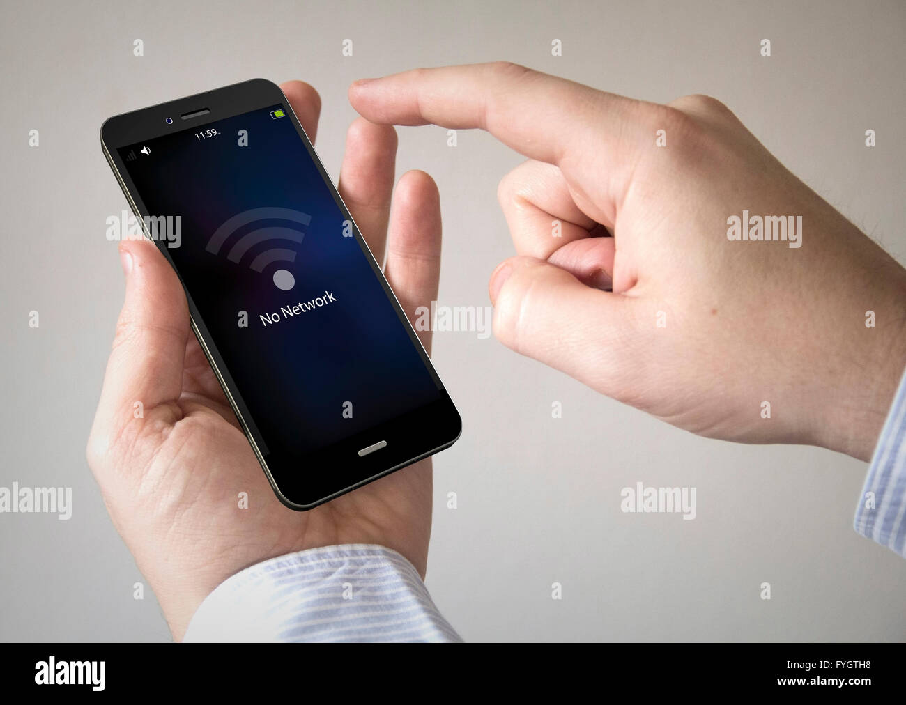 hand touching screen on modern mobile smart phone with no network on the screen Stock Photo
