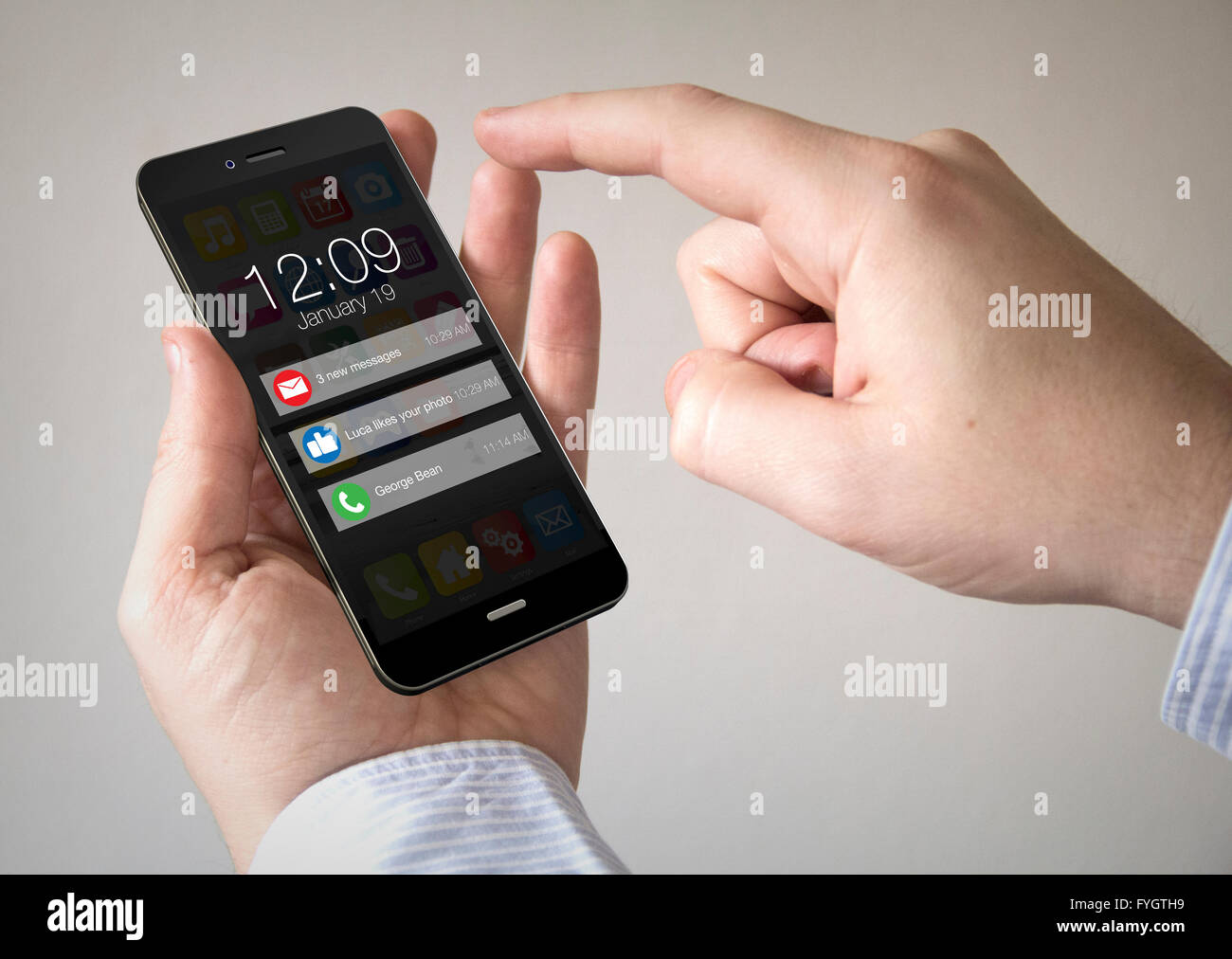 Close up of man using 3d generated mobile smart phone with notifications on the screen. Screen graphics are made up. Stock Photo