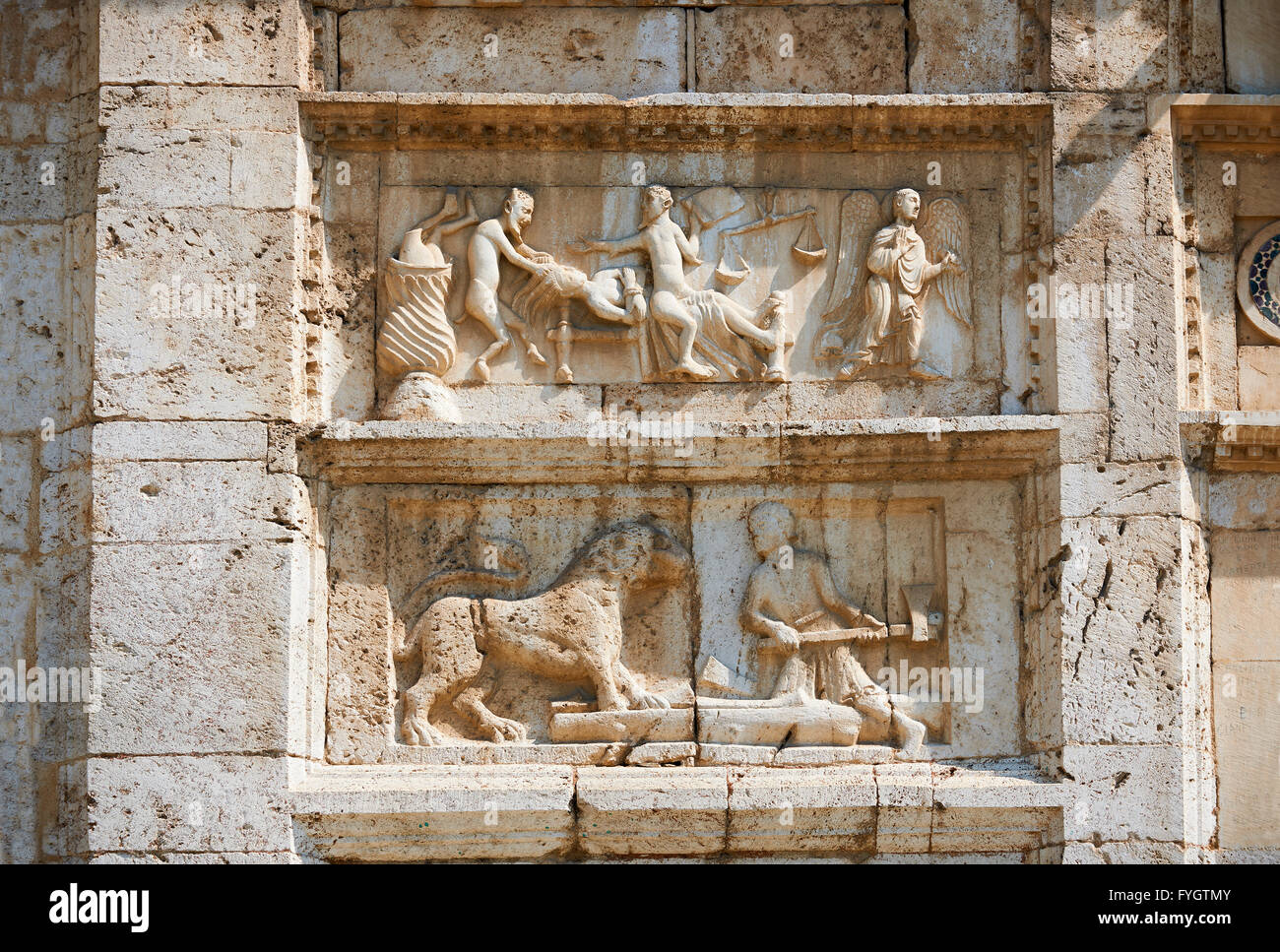 Sculpture of the Last Judgement, doom day, 12th century Romanesque facade of the Chiesa di San Pietro extra moenia , Spoleto Stock Photo