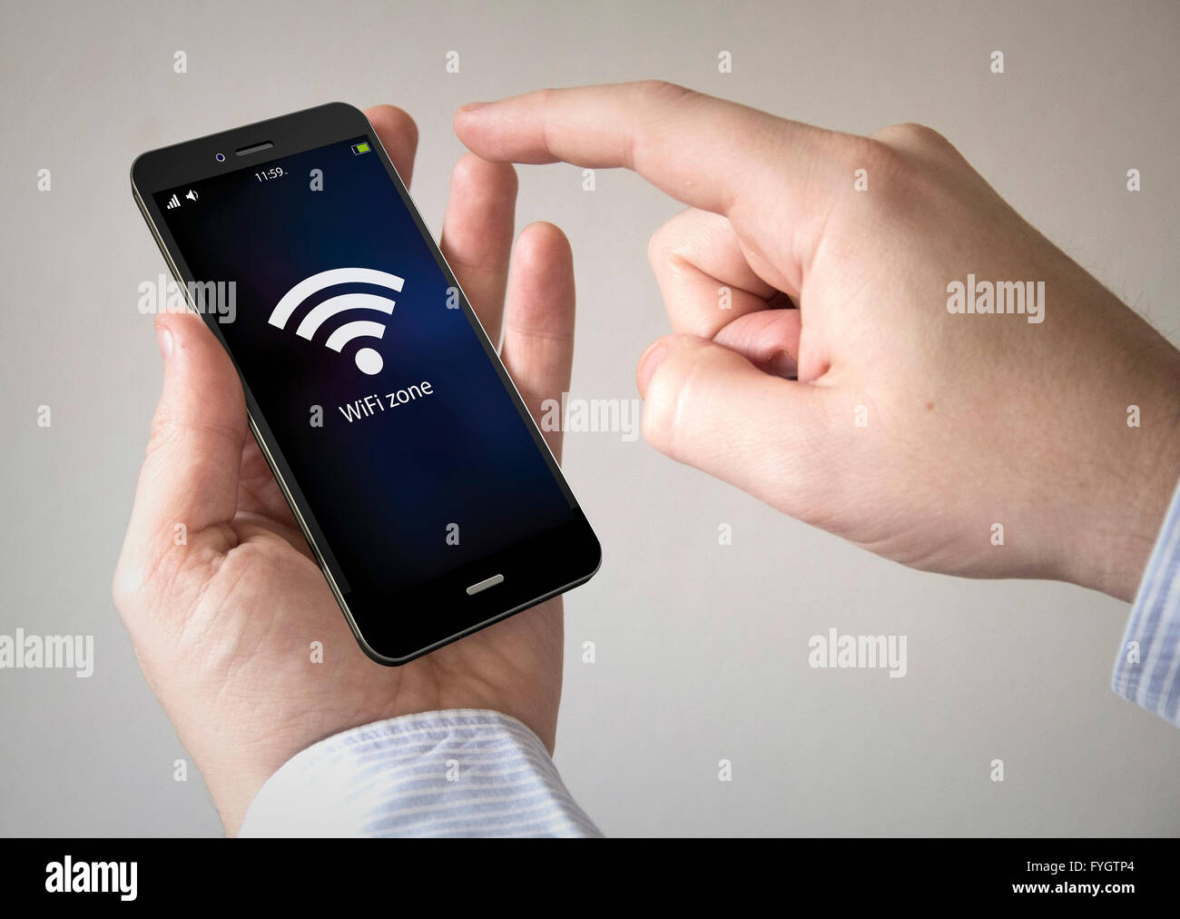 hand touching screen on modern mobile smart phone with wifi zone on the screen Stock Photo