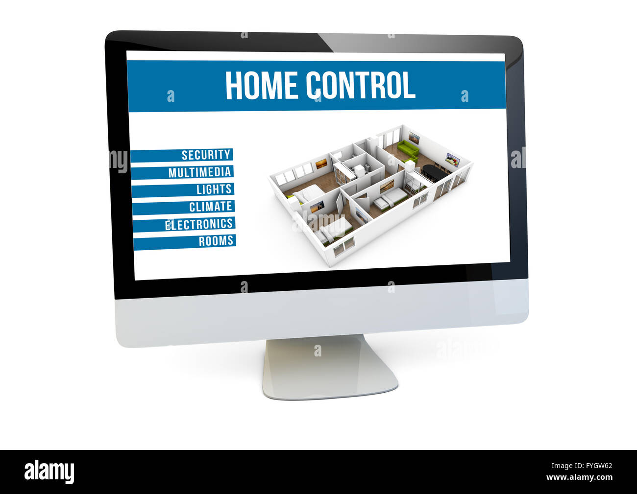 home control online concept: render of a computer with house automation software on the screen Stock Photo