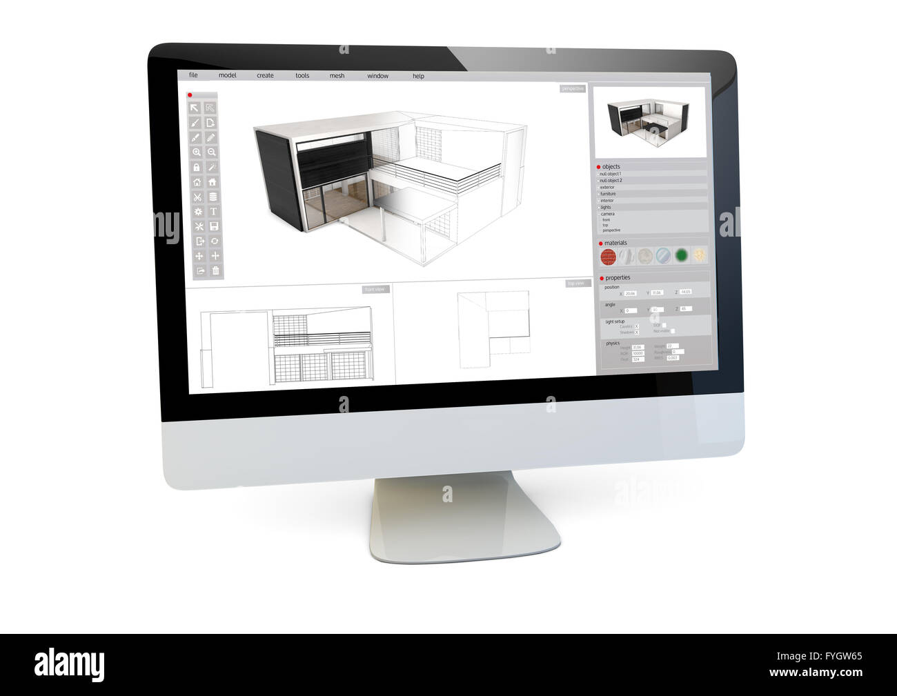 modern architecture concept: render of a computer with architecture software model on the screen isolated Stock Photo