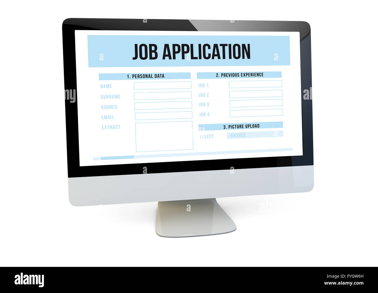 modern job search online concept: render of a computer with job application form on the screen Stock Photo