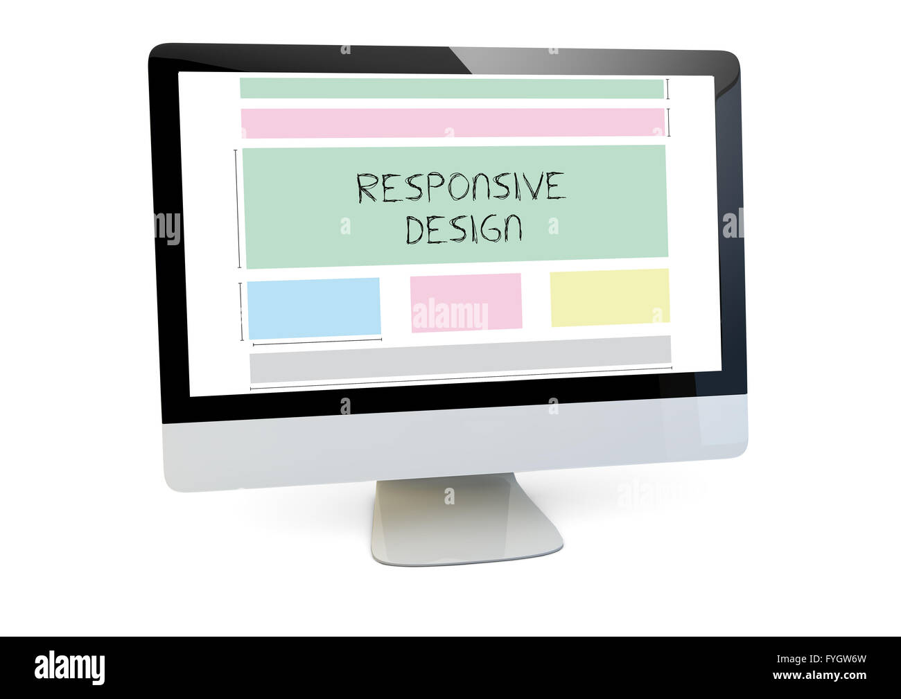 modern web design concept: render of a computer with responsive wireframe Stock Photo