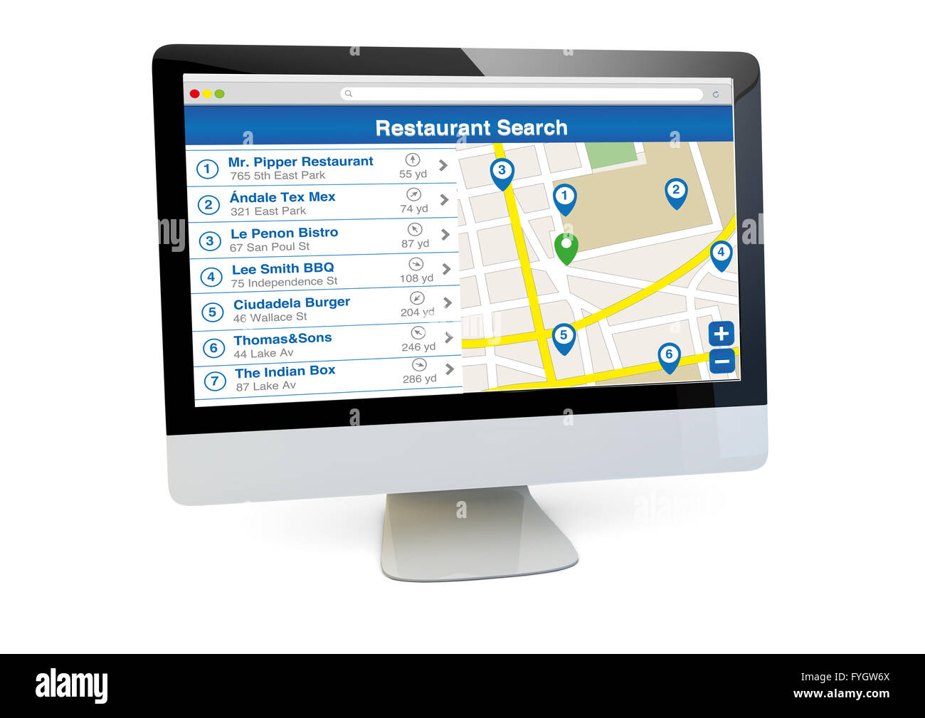 modern engine search online concept: render of a computer with restaurant search software on the screen. All screen graphics are Stock Photo